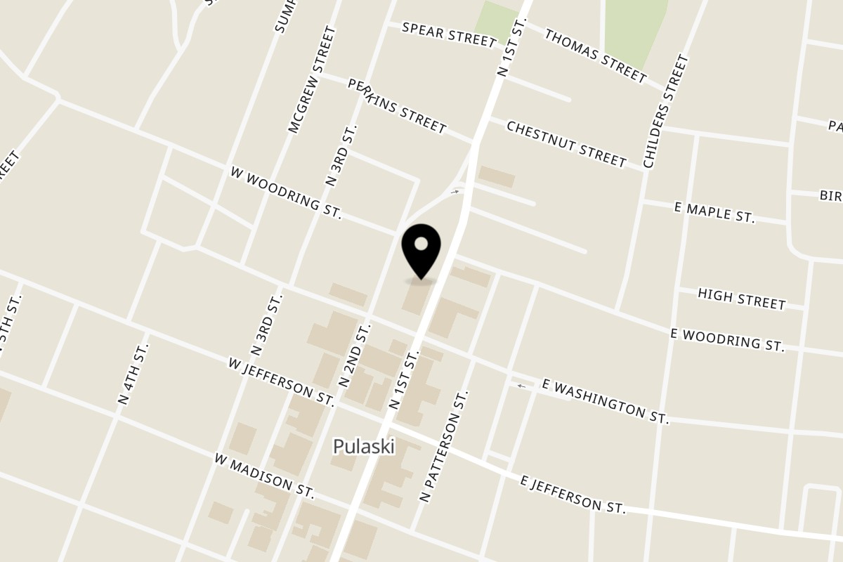 Map showing the location of Pizza on Main Pulaski - Pizza On Main 2 on 316 N 1st St in Pulaski